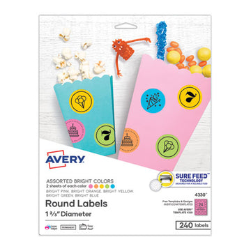 Avery® Printable Color Labels With Sure Feed And Easy Peel, 1.66" Dia., Assorted Colors, 24-sheet, 10 Sheets-pack freeshipping - TVN Wholesale